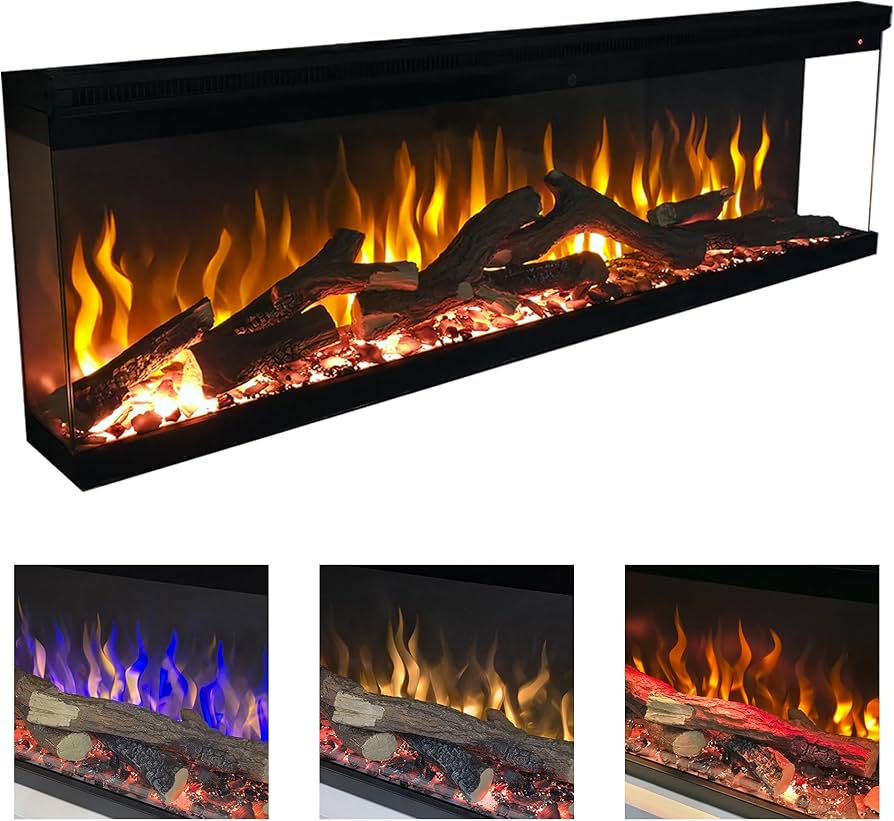 EZE Glow 72" Electric Fire Media Wall Fireplace 3 sided or recessed log set