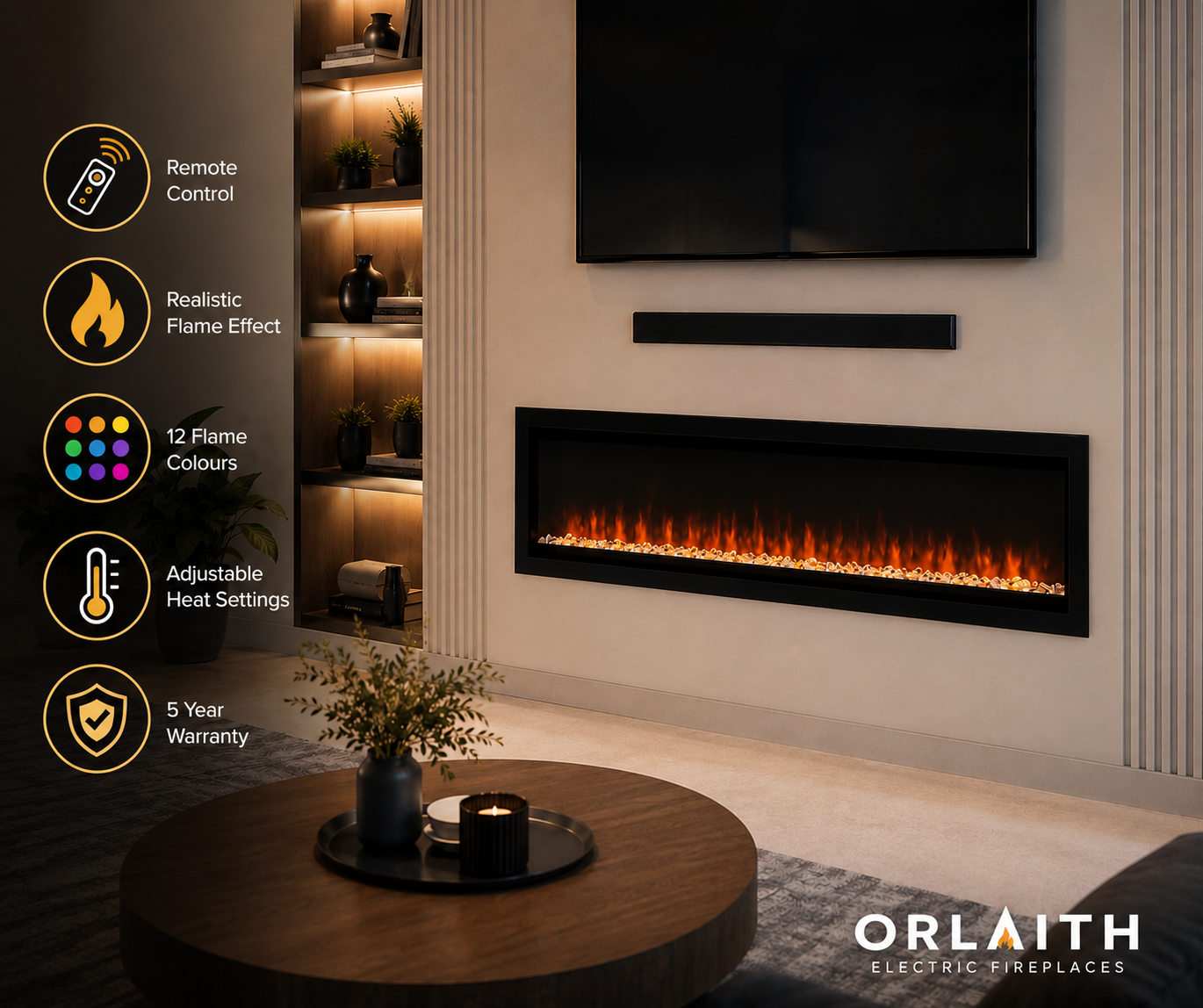 Luxury Recessed Wide Electric Fireplace Insert with Realistic LED Flames