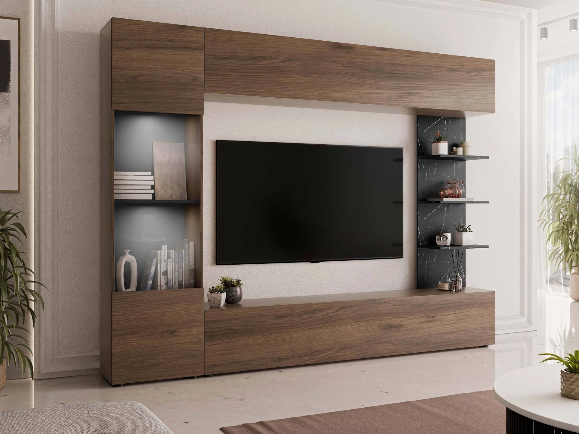 Media Wall – Walnut & Black Marble | Flatpack with LED Lighting