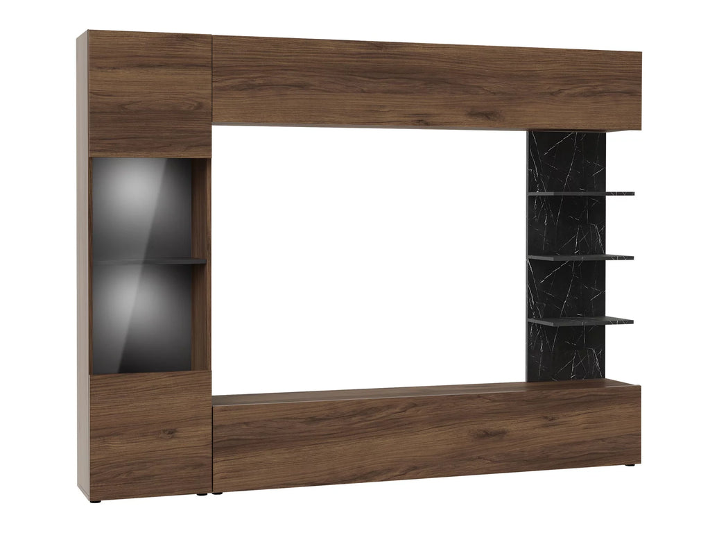 Media Wall – Walnut & Black Marble | Flatpack with LED Lighting